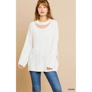 Umgee Womens Cutout‎ Crewneck High Low Lightweight Tunic Sweater Top Small Cream